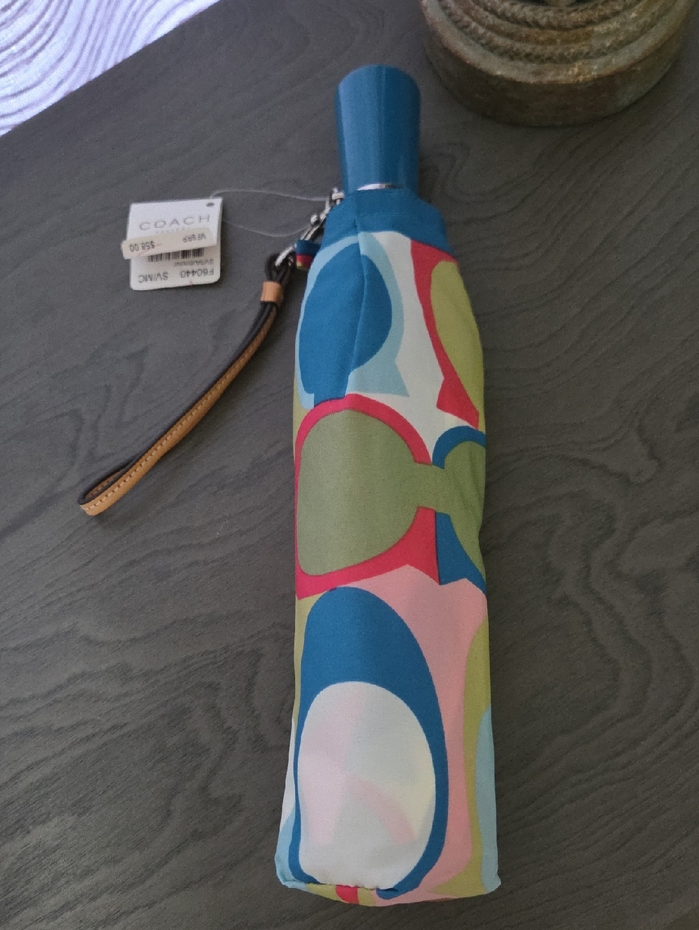 Coach Foldable Signature C Umbrella in Blue, Pink, Green & Cream